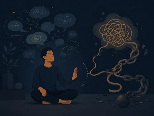 A calm person practicing how to meditate properly by pausing before attaching to heavy, tangled thoughts.