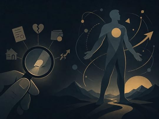 A person magnifying a tiny fingernail while a larger whole-self figure stands nearby, symbolizing law of attraction mistakes around identity and limiting beliefs.