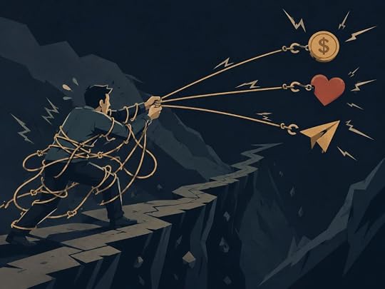 Person tangled in ropes while chasing money, love, and opportunity, showing law of attraction mistakes caused by stress and lack.