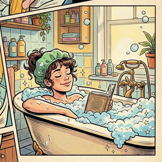 Woman relaxing in bubble bath, reading book, saying 'Ahh, this is the life!'