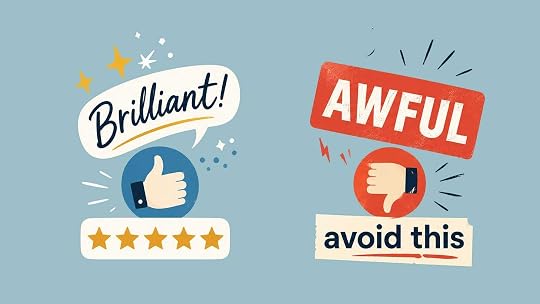 Illustration contrasting good and bad reviews: on one side, “Brilliant!” with a thumbs-up and five stars; on the other, “AWFUL” with a thumbs-down and “avoid this.”