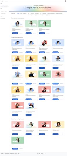 Screenshot of the Google AI Educator Series catalog page on Google for Education, showing lesson cards organized into Foundational Understanding, Pedagogical Applications, and Administrative Applications, each card with a topic title, a grade-level tag, and "Earn Your Badge" and "Learn More" links, with filter-by-type options across the top.