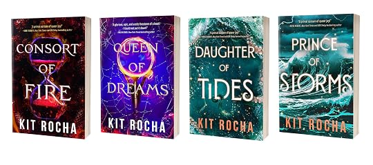 The covers of Consort of Fire, Queen of Dreams, Daughter of Tides, and Prince of Storms