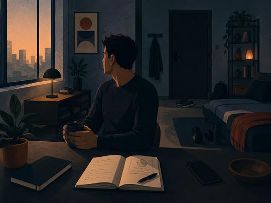 Person reflecting alone in a peaceful apartment with a journal, phone, and gym gear, showing why it's best to stay single for self-growth.