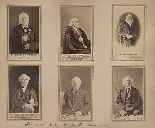 Six carte de visites arranged on a yellowed scrapbook page. Each man is 100 or older, is seated and has white hair. 