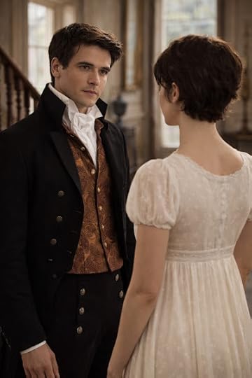 Regency gentleman in a dark coat gazing intently at a young woman in a white Empire-waist gown inside an elegant London townhouse.