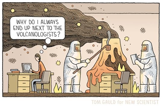 A man sits at a desk working on a laptop. He thinks:"Why do I always end up next to the volcanologists"at the next desk, two figures in protective silver heat suits take samples from a small volcano which spits outlava, flames, sparks and ash.
