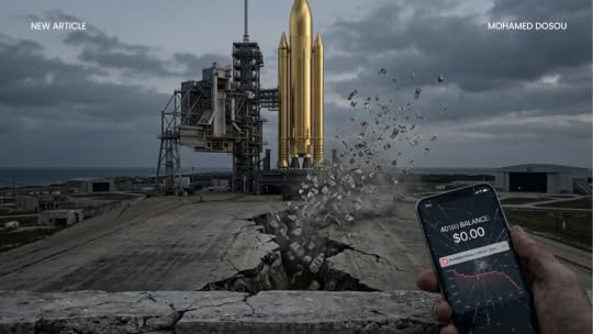 A single, haunting image. A pristine golden rocket sits on a launchpad. Beneath it, the pad is cracked, and from the fissure, small, crumpled dollar bills flutter upward like ash. In the foreground, a cracked iPhone screen displays a 401(k) balance that has dropped to zero. No crowd. No flags. Just the rocket, the money, and the quiet certainty that someone else is counting your losses.