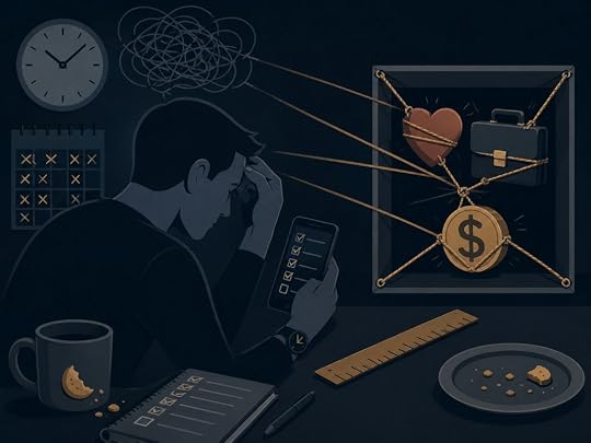Person feeling pressure from rigid goals as love, money, and career are tied inside a box, showing “this or something better.”