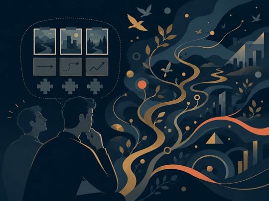 Person studying past patterns while wider life paths unfold beyond the mind, symbolizing “this or something better.”
