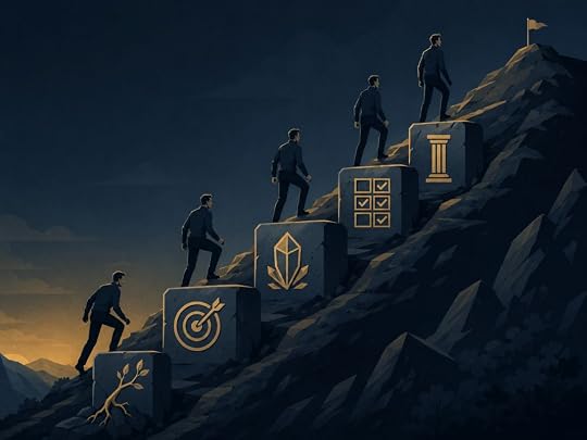 A person climbs symbolic steps of confidence, discipline, honesty, focus, and resilience toward a small goal, showing “this or something better.”