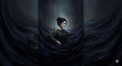 A digital painting of a woman with dark hair tied in a loose bun, standing waist,deep in a thick, swirling pool of heavy black tar. She wears a textured, dark gray sweater, and her eyes are softly closed with a calm, solemn expression on her face. Her posture is completely still, choosing not to struggle against the dark liquid surrounding her. The background is a dim, shadowy abyss, but a faint, gentle light glows directly behind her head, casting a soft illumination over her face and shoulders.