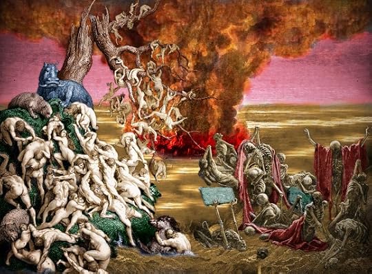 TA blasted wasteland with a mushroom cloud rising over it. In the foreground are swarms of drowning people climbing over each other to escape into the limbs of a dead tree, and a crowd of agonized skeletons. All sourced from Dore engravings illustrating the Old Testament.
