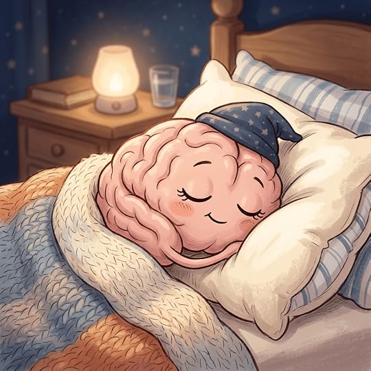 Cartoon brain wearing a nightcap sleeping peacefully in bed under a blanket.