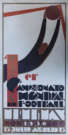 A graphic illustration showing a stylised, curving image of a goalkeeper diving to block a kick. Wording in Spanish along the bottom give the date and site of the 1930 World Cup.