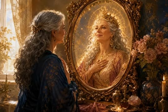 Image of a woman looking at herslef as agoddess in the mirror for blog Invent Your Own Goddess