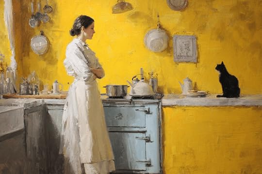 Visit https://almostmeaningful.com/catering-the-errant-harbor | Reading Ulysses in Montana #363 | Oil painting in the style of John Singer Sargent of the cook in the kitchen and the cat on the window sill. Yellow.