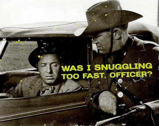 A vintage black and white photo of a man in his car, stopped by the police and asking, 