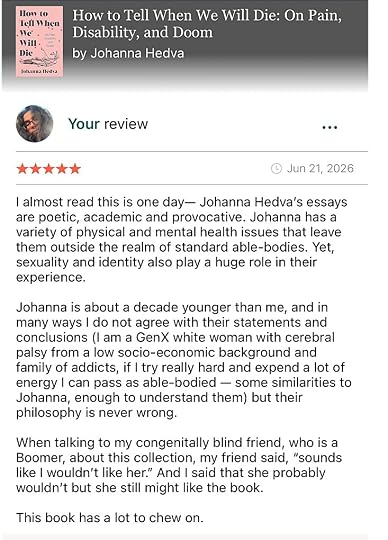 Screenshot of the Goodreads review that is also quoted in the blog piece
