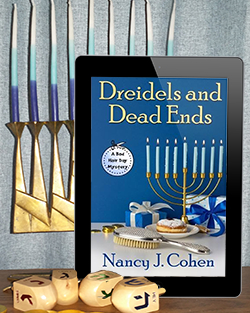 Dreidels and Dead Ends ebook with menorah and small wooden dreidels.