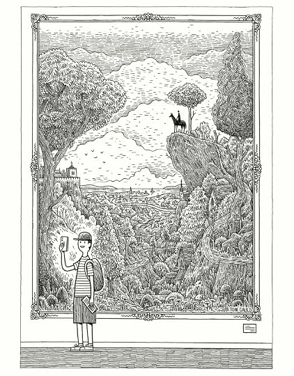 A photograph of the ink on paper drawing for a New Yorker cover.The cover is almost completely filled with a large classic painting in a gold frame. It shows a landscape with hills, rocks and trees. A horse and rider stand on a rocky outcrop overlooking a plain that stretches out to the sea. In the bottom left corner of the cover, a smiling tourist takes a selfie with the painting behind him. 