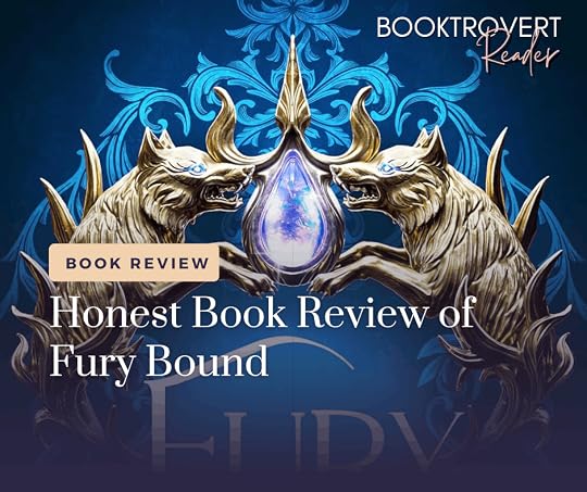 Fantasy book review graphic for Fury Bound by Sable Sorensen featuring two mirrored white wolves guarding a glowing blue crystal against a dark blue ornate background, with the title 