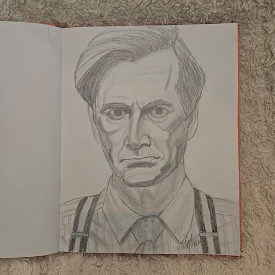 A sketchbook is open to a page featuring a pencil sketch of David Tennant as Lord Tony Baddingham from the TV series 