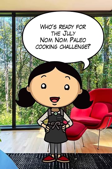 A cartoon Michelle Tam is standing in front of a red chair announcing the July Nom Nom Paleo cooking challenge.