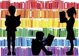 Shelves of books in rainbow colors: red, orange, yellow, green, blue purple with the silhouettes of three children reading books in front of the colorful books.
