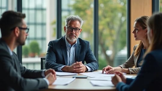 Professional Christian business owner reviewing a sales report with team in modern office, improving exit multiple