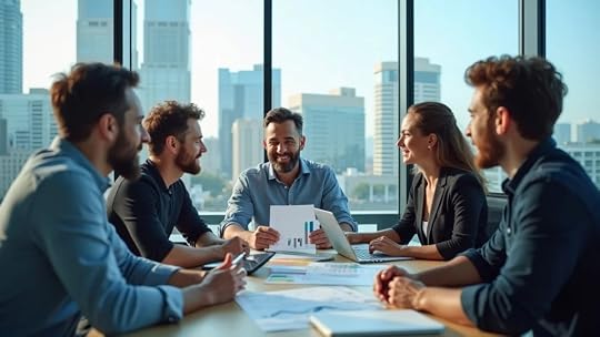A confident group of Austin business founders reviewing financial growth charts together in a sunny, modern office overlooking the city skyline; improve exit multiple in Austin scenario