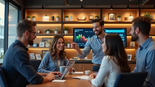 Austin retail and e-commerce business team discussing sales performance in a modern store with upward trending digital displays—improve exit multiple in Austin example