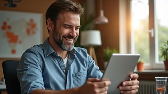 Professional Austin business owner, slight smile, reviews increased profit graphs on a digital tablet in a stylish office—case study of improved exit multiple in Austin