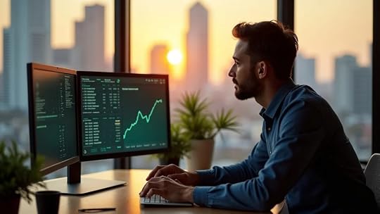 Focused finance professional analyzing EBITDA data to guide multiple expansion in a modern Austin high-rise office
