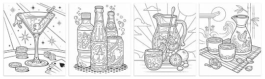 Line art illustrations of a martini glass, soda cans, bottles, sangria pitcher, and sake.
