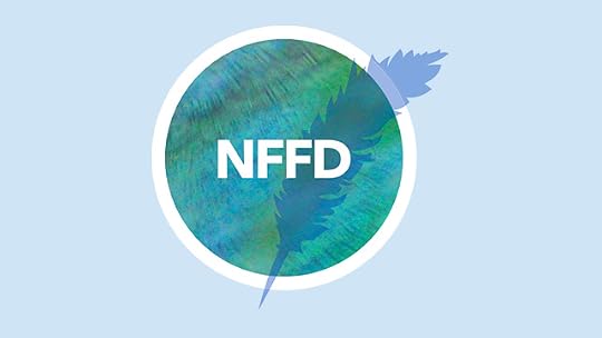 National Flash Fiction Day logo, showing a quill superimposed on a green circle with a white border against a light blue background. the green circle has 