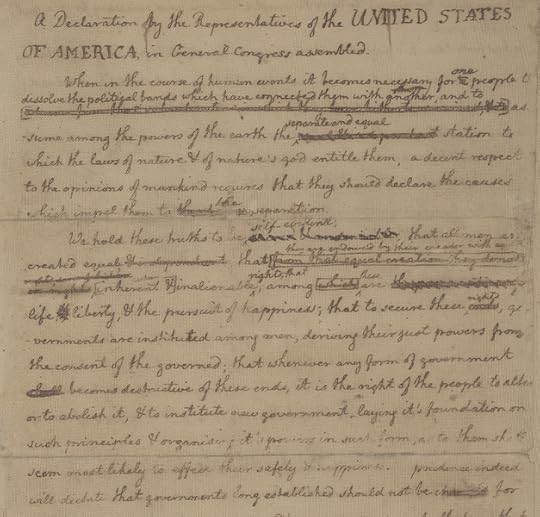 A sepia-toned sheet of paper filled with handwritten lines of writing, with many lines crossed out and words added in.