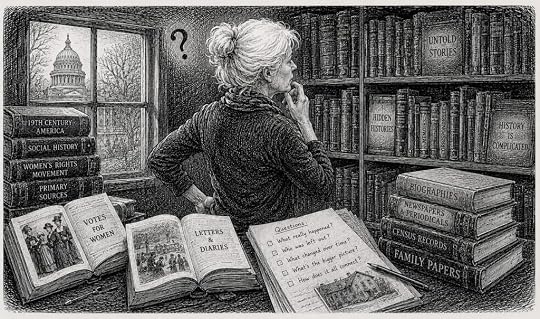 An uncertain author surveys books on a library shelf, surrounded by titles representing various research sources and topics for her historical novel.