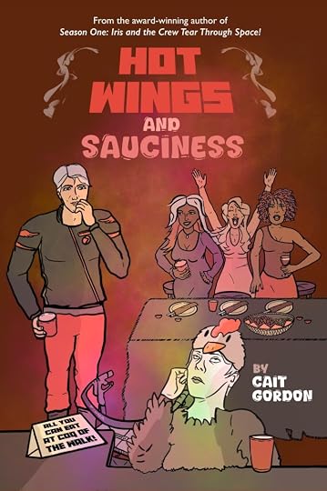Book cover description: A Brown background with wispy coloured smoke coming from a stage. In the forefront is Colleen, a white woman with short grey hair who is sitting , dressed in a hen costume. She’s leaning on her right hand, looking up and unimpressed. Behing her a re three beautiful women, standing behind a table that has a wings basket on it. And behind and to the left of Colleen is a man with grey hair in a flight suit who is holding a drink and trying not to laugh.