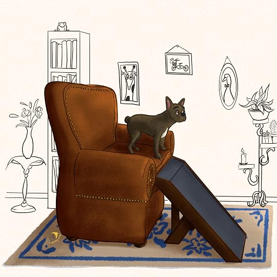Illustration of Pax, hero of the children's book series Mighty Pax's Misadventures, is on top of a sofa chair, and in front of him is a ramp, which he needs to use to climb up and down the sofa/chair.