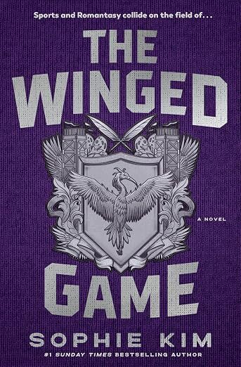 The title (The Winged Game) in blocky silver letters, surround a silver crest. The background is purple and textured so the words look like they're printed on a sports jersey