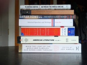 a pile of books, including Between the World and Me (Coates), Common Sense (Paine), The Partly Cloudy Patriot (Vowell), Selected Speeches (Lincoln), A People's History of the United States (Zinn), American Literature, Vol 1, and When the Light of the World Was Subdued, Our Song Came Through (ed Harjo)