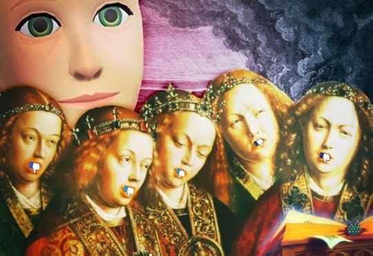 Four female chorousters in sumptuous Renaissance robes. Each one's mouth has been stopped up by a Facebook 'thumbs up' icon. Behind them looms Mark Zuckerberg's grinning Metaverse avatar. The book they are reading from has flooded their faces with light. In the background is a sky full of ominous blue/red clouds.