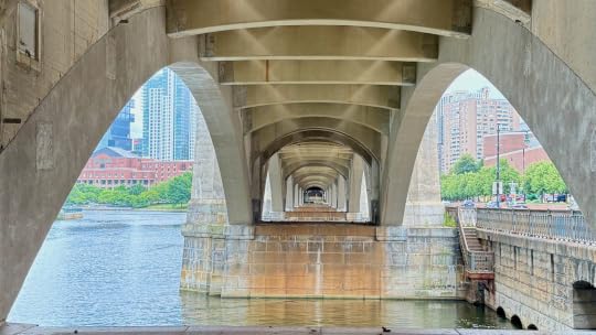Photograph from underneath a bridge spanning the Charles River, looking down the length of the bridge. The bridge���s support arches fade away into the distance.