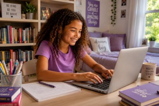 Girl typing happily, using creative writing to develop emotional intelligence and confidence.