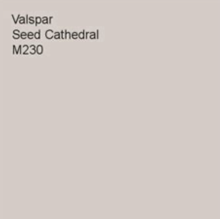 A paint swatch. It says Vaspar Seed Catherdral M230. The colour is a pale warm grey with brown undertones.