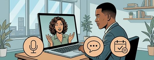 Illustration of a coach at a laptop surrounded by simple icons for a microphone, a chat bubble, and a calendar, representing the small set of AI tools coaches actually use