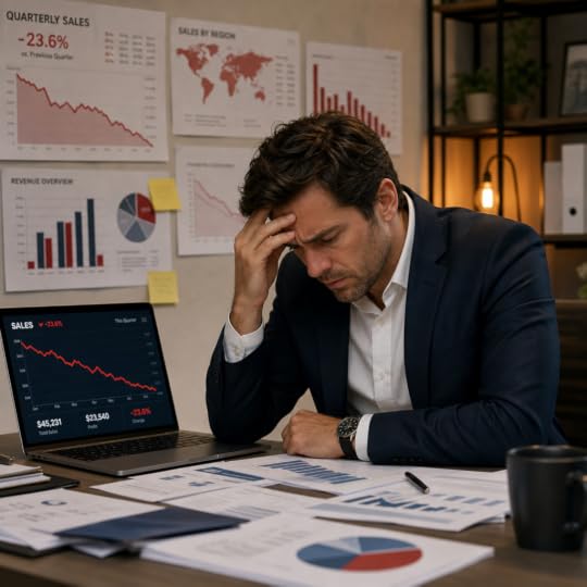 مدير مبيعات محبط ينظر إلى رسوم بيانية تظهر انخفاض المبيعات