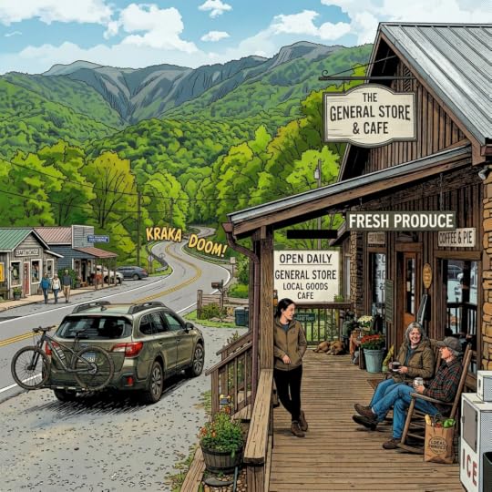 General store and café porch with people sitting and talking, car with bike, winding road, autumn trees