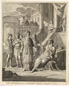 Line drawing of Huldah prophesying to King Josiah
